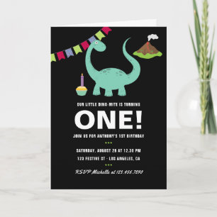 Black and white 1st Birthday Dinosaur themed Party Invitation