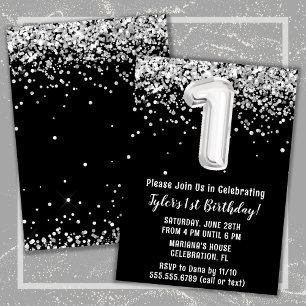 Black and White 1st Birthday Party Invitation