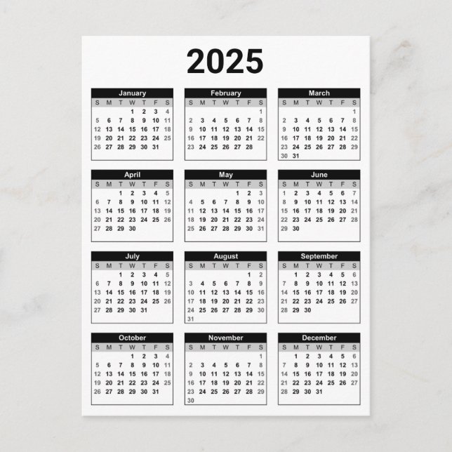 Black and White 2025 Year At A Glance Calendar Postcard (Front)