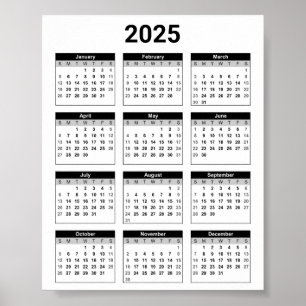 Black and White 2025 Year At A Glance Calendar Poster