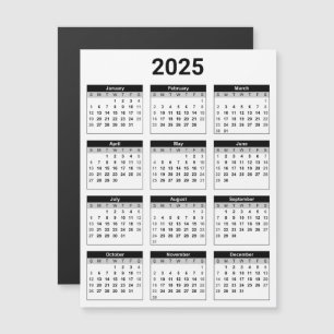 Black and White 2025 Yearly Calendar Magnetic Card
