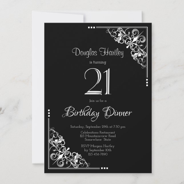 Black and White 21st Birthday Dinner Invitation (Front)