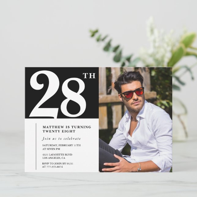 Black and White 28th birthday Invitations (Standing Front)