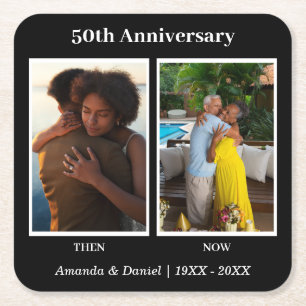 Black and White 2 Photo Collage Anniversary Square Paper Coaster