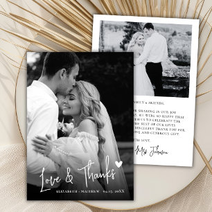 Black and White 2 Photo Love Heart Script Wedding Thank You Card
