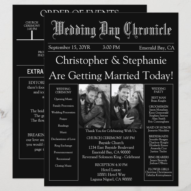 Black and White 2 Photo Newspaper Wedding Program (Front/Back)