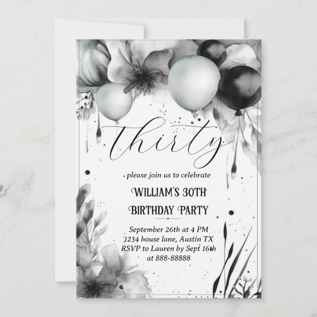 Black and White 30th Birthday Floral Balloon Invitation (Front)