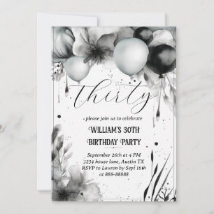 Black and White 30th Birthday Floral Balloon Invitation