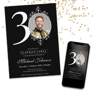 Black and White 30th Birthday Surprise Party Invitation