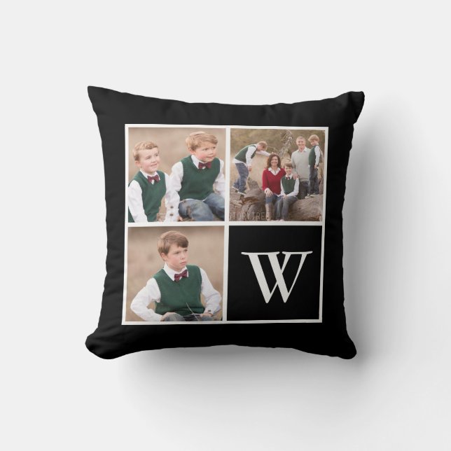 Black and White 3 Photo Collage Family Monogram Cushion (Front)