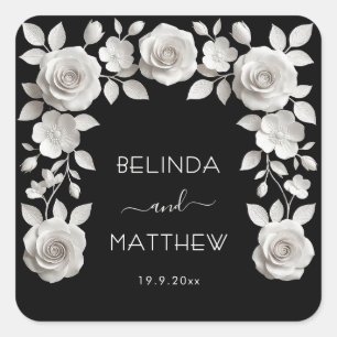 Black And White 3D Floral Roses Wedding Square Sticker
