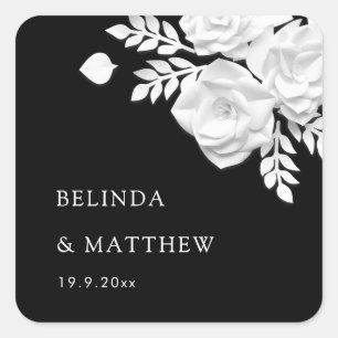 Black And White 3D Flowers Roses Wedding Square Sticker