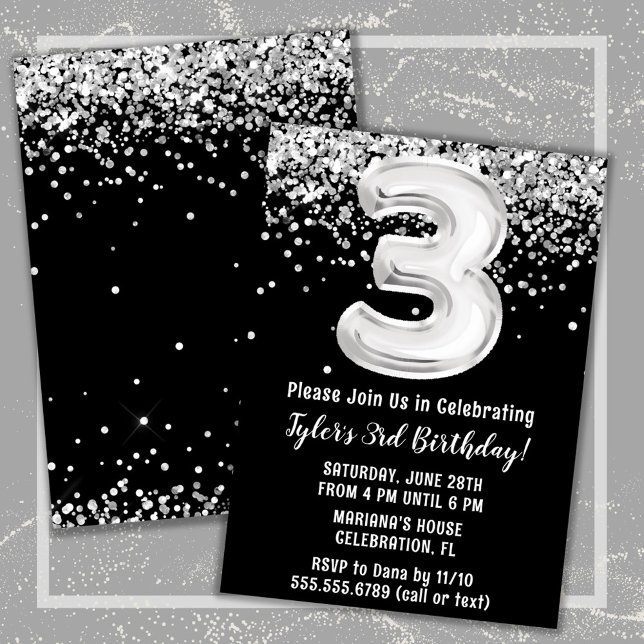 Black and White 3rd Birthday Party Invitation (Creator Uploaded)