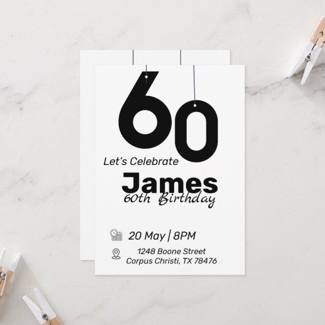 Black and white 60th birthday invitations simple (Front/Back In Situ)