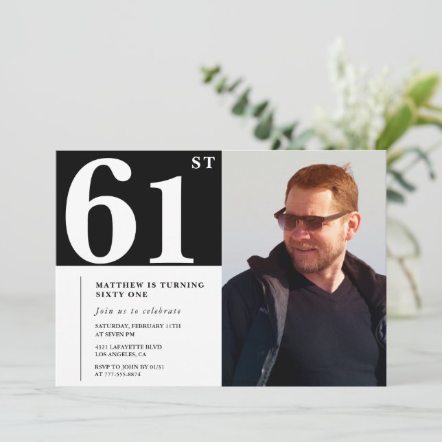 Black and White 61st birthday Invitations Photo (Standing Front)