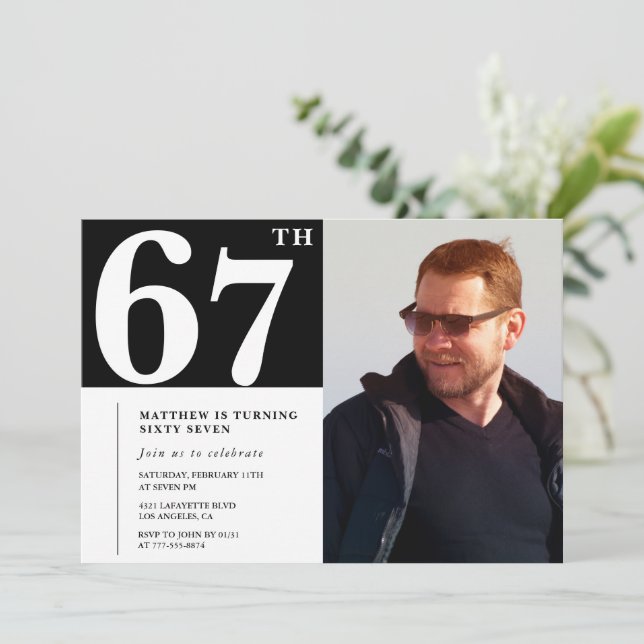 Black and White 67th birthday Invitations Photo (Standing Front)