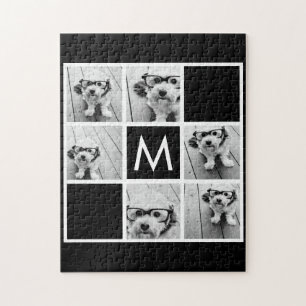 Black and White 6 Photo Collage Custom Monogram Jigsaw Puzzle