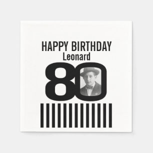Black and white 80th birthday stripe photo napkins