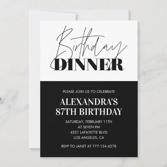 Black and white 87th birthday invitations Dinner (Front)