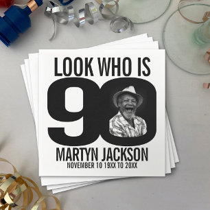 Black and white 90th birthday photo look who is napkin