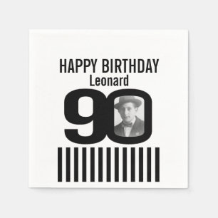 Black and white 90th birthday stripe photo napkins