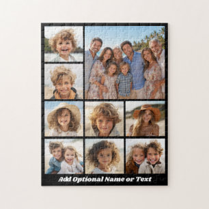Black and White 9 Photo Collage Custom Monogram Jigsaw Puzzle