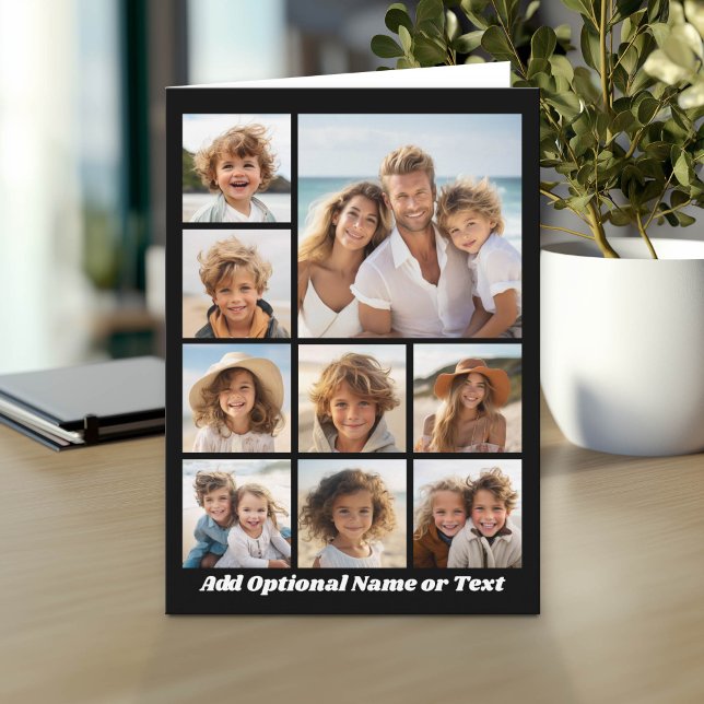 Black and White 9 Photo Collage Custom Monogram Note Card (Photo Greeting Card)