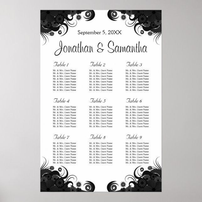 Black and White 9 Wedding Tables Seating Charts (Front)