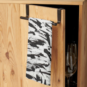 Black and White Abstract Brushstrokes Art Tea Towel