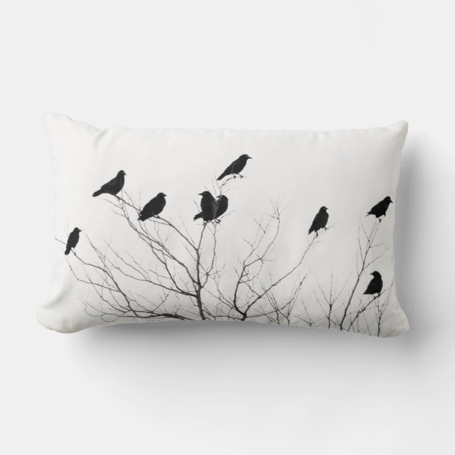 Black And White Abstract Crows Lumbar Cushion (Front)