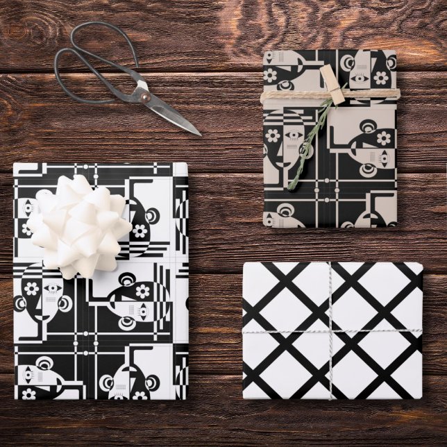 Black and white abstract faces geometrical pattern wrapping paper sheet (Creator Uploaded)