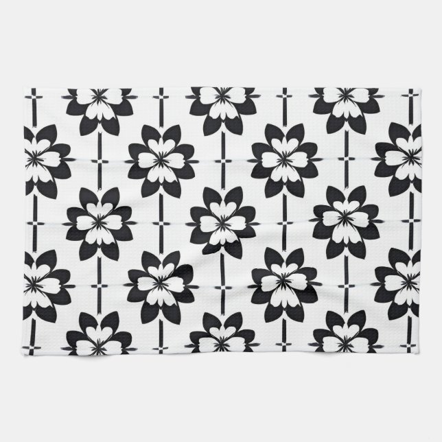 Black and White Abstract Floral Pattern Tea Towel (Horizontal)