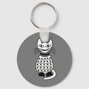 Black and White Abstract Geometric Cat Key Ring