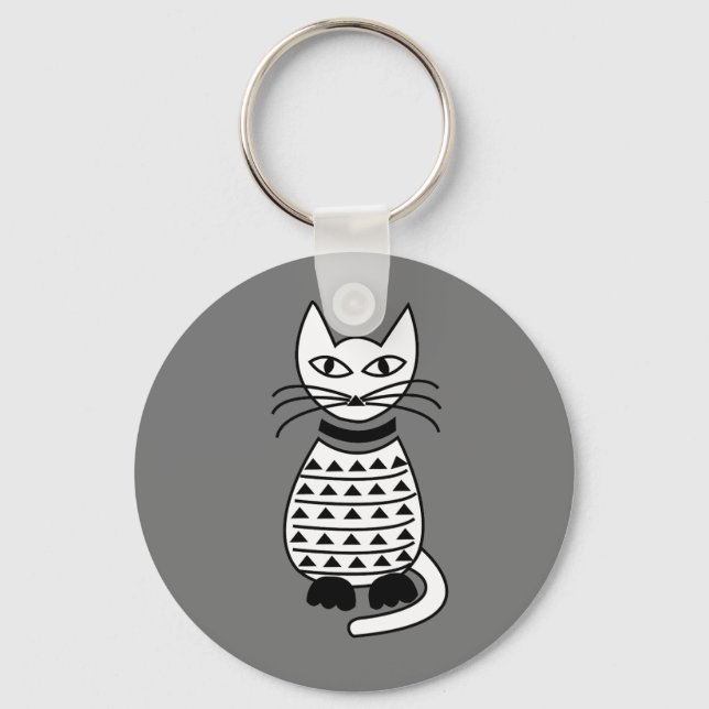 Black and White Abstract Geometric Cat Key Ring (Front)