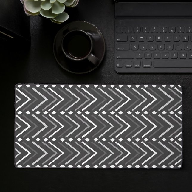 Black And White Abstract Geometric Gaming Desk Mat (Large desk mat with black and white abstract geometric pattern, full desk mouse pad)