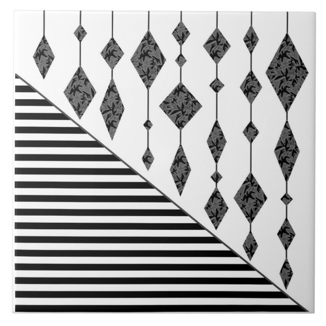 Black and white, abstract, geometric, simple, Scan Ceramic Tile (Front)