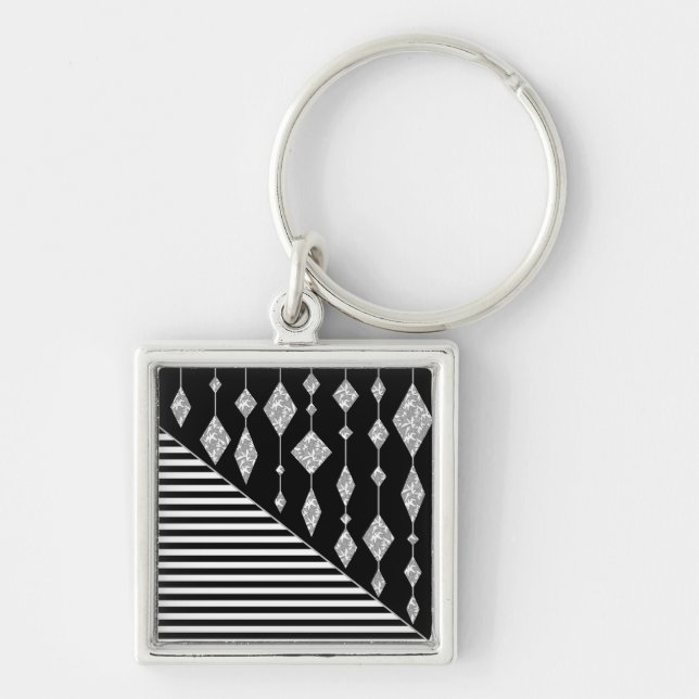 Black and white, abstract, geometric, simple, Scan Key Ring (Front)