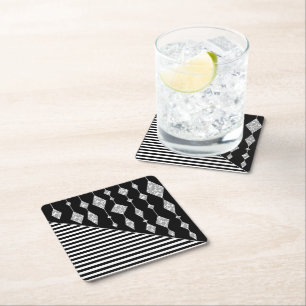 Black and white, abstract, geometric, simple, Scan Square Paper Coaster