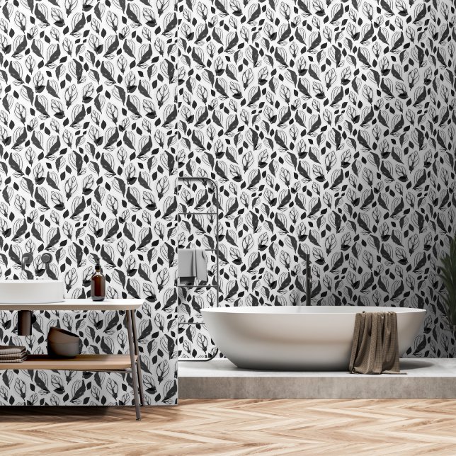 Black and White Abstract Leaf Pattern Wallpaper (Bathroom)