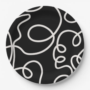 Black And White Abstract Line Brush Strokes Paper Plate