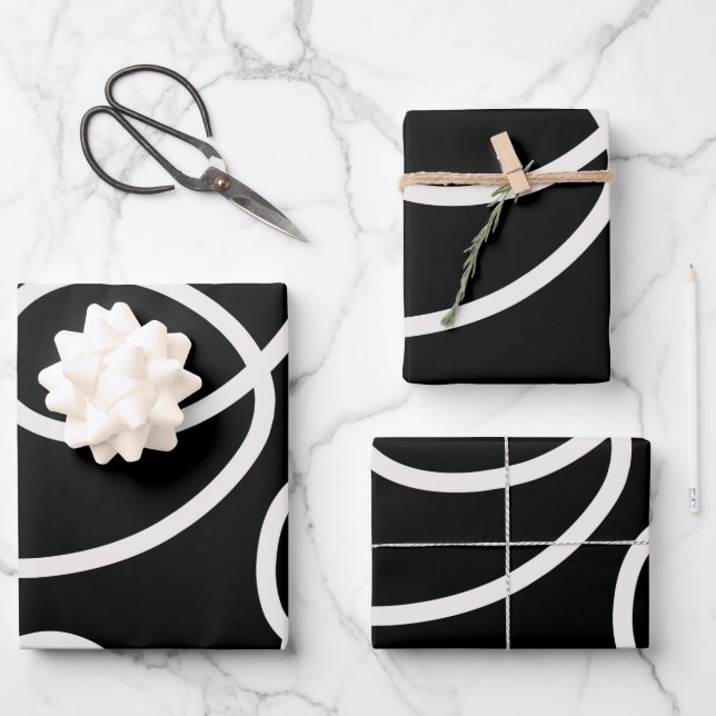 Black And White Abstract Line Brush Strokes Wrapping Paper Sheet (Front)
