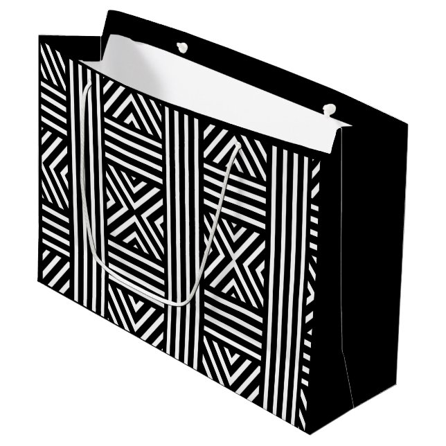 Black and White Abstract Line Pattern Large Gift Bag (Front Angled)