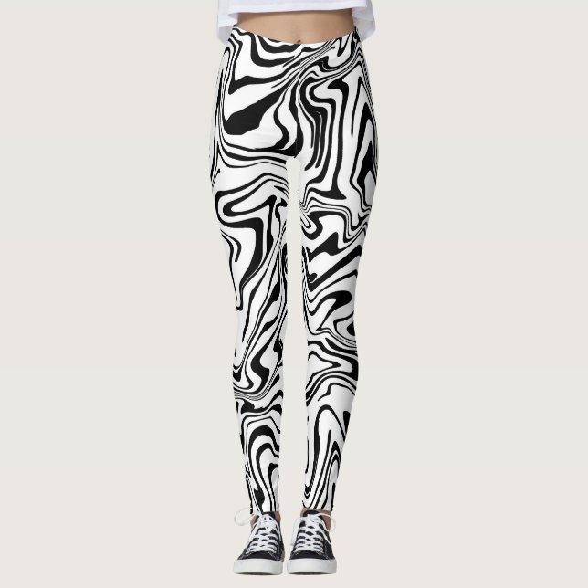 Black and White Abstract Liquid Swirl Leggings (Front)