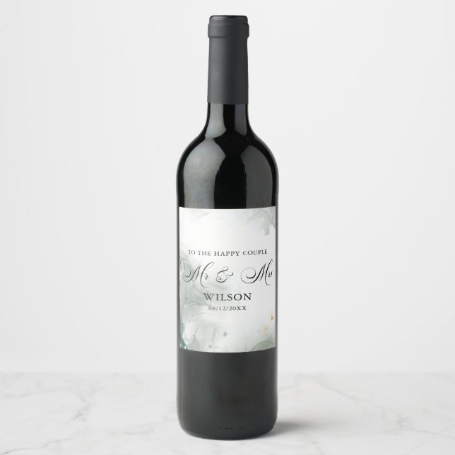 Black And White Abstract Mr & Mrs Wedding  Wine Label (Front)