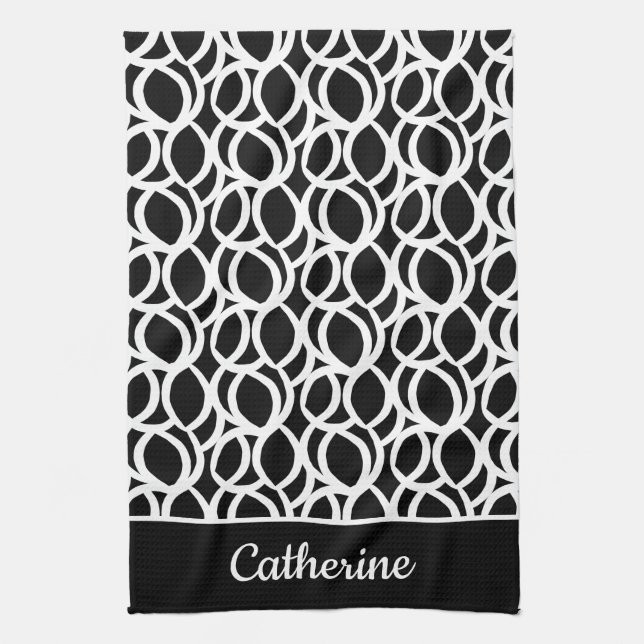 Black and White Abstract Pattern Custom Name Tea Towel (Vertical)