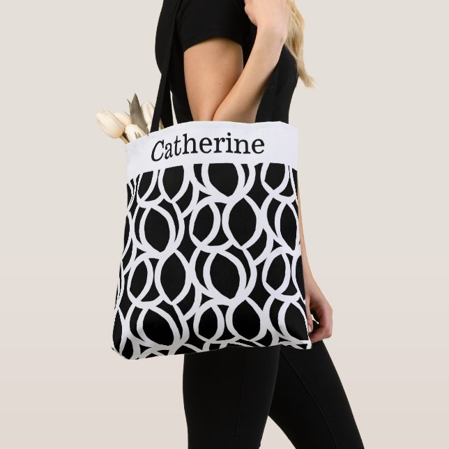 Black and White Abstract Pattern Name Tote Bag (Close Up)