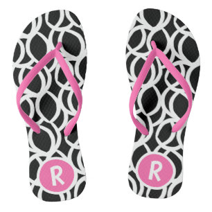 Black and White Abstract Pattern Pink Monogram Thongs