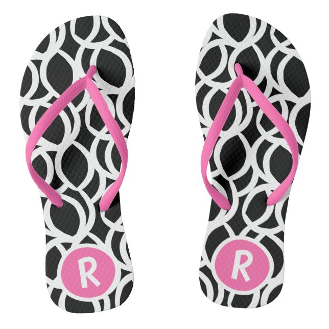 Black and White Abstract Pattern Pink Monogram Thongs (Footbed)