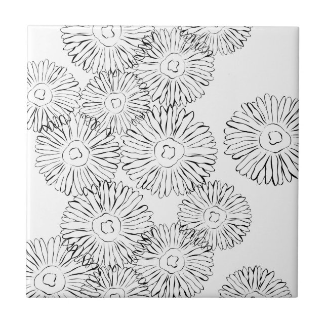 Black and white abstract spring flowers ceramic tile (Front)