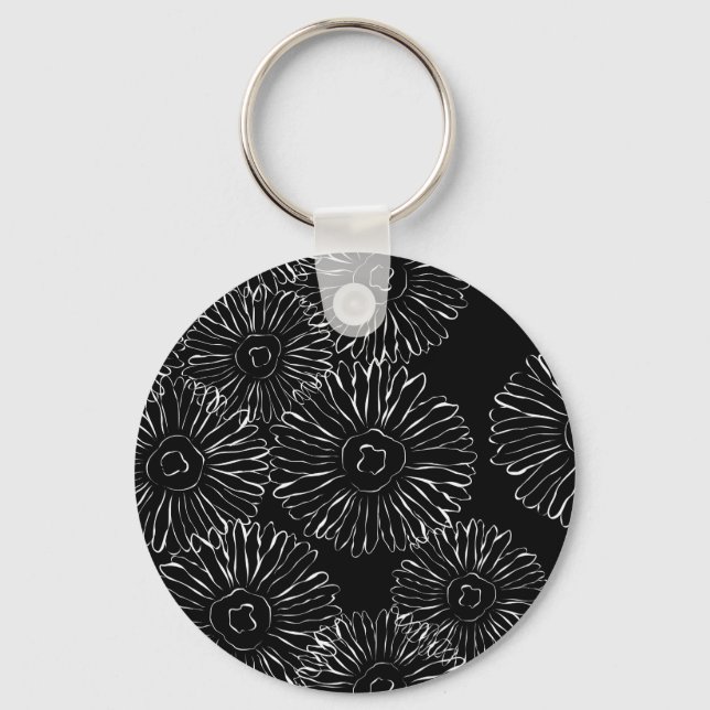 Black and white abstract spring flowers key ring (Front)
